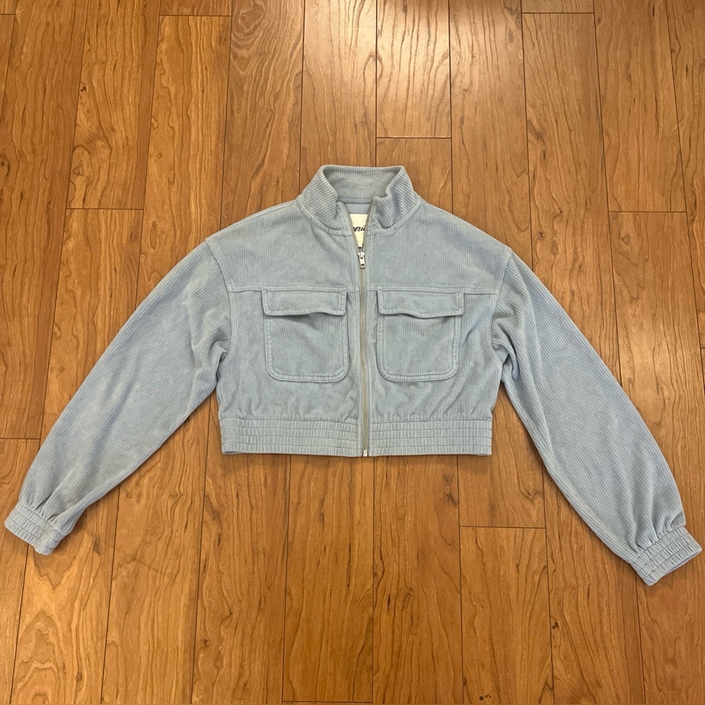 Aerie Extra Small Groove-on Rib Velour Full Zip Jacket Light Blue Cropped XS